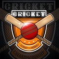 Cricket ball with cros bat in center of shield isolated on blackboard. Sport logo for any team Royalty Free Stock Photo